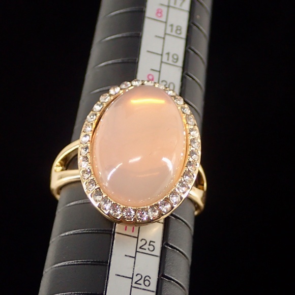 Pink Cabochon Gemstone Ring with Pave White Zircon  Gold Tone Halo Ring Sz 10.25 - Picture 4 of 8